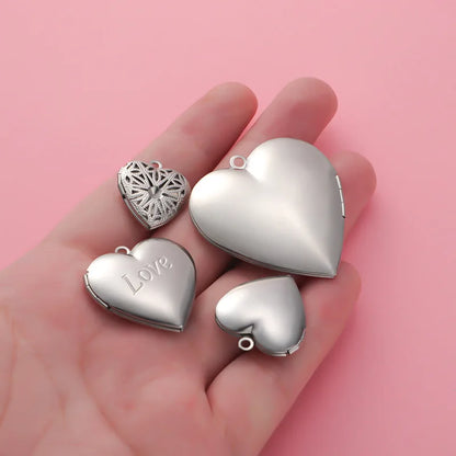 Stainless Steel Photo Locket Charms - 5-Piece Heart, Round & Square Memory Pendant Set