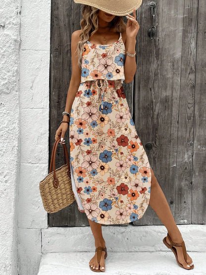 Women’s Summer Spaghetti Strap Dress - Sleeveless Flowy Casual Maxi Dress with Belt & Side Slit