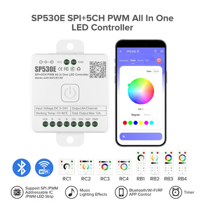 SP530E/SP630E All-in-One WiFi LED Controller, 5CH PWM SPI Pixel LED Strip Control, Compatible with WS2811 WS2812B SK6812 FCOB, Alexa & Google Home Support, Bluetooth Smart Lighting Module