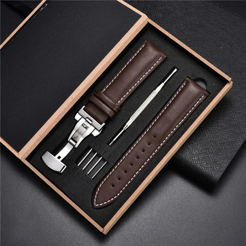 Genuine Leather Watch Strap - 18mm, 20mm, 22mm & 24mm Replacement Band with Butterfly Buckle for Men and Women