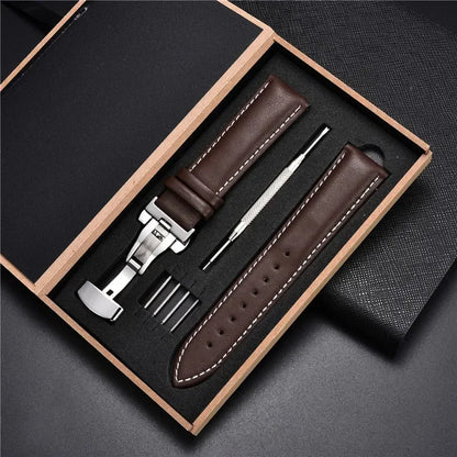 Genuine Leather Watch Strap - 18mm, 20mm, 22mm & 24mm Replacement Band with Butterfly Buckle for Men and Women