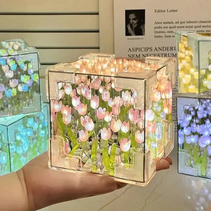 DIY Tulip Flower Sea Cube Night Lamp – 3D Creative Material Kit for Couples