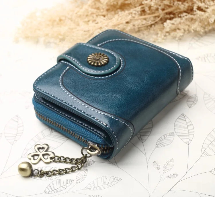 Women’s PU Leather Wallet — Short Hasp Coin & Card Holder, Small Money Bag Clutch in Blue & Red