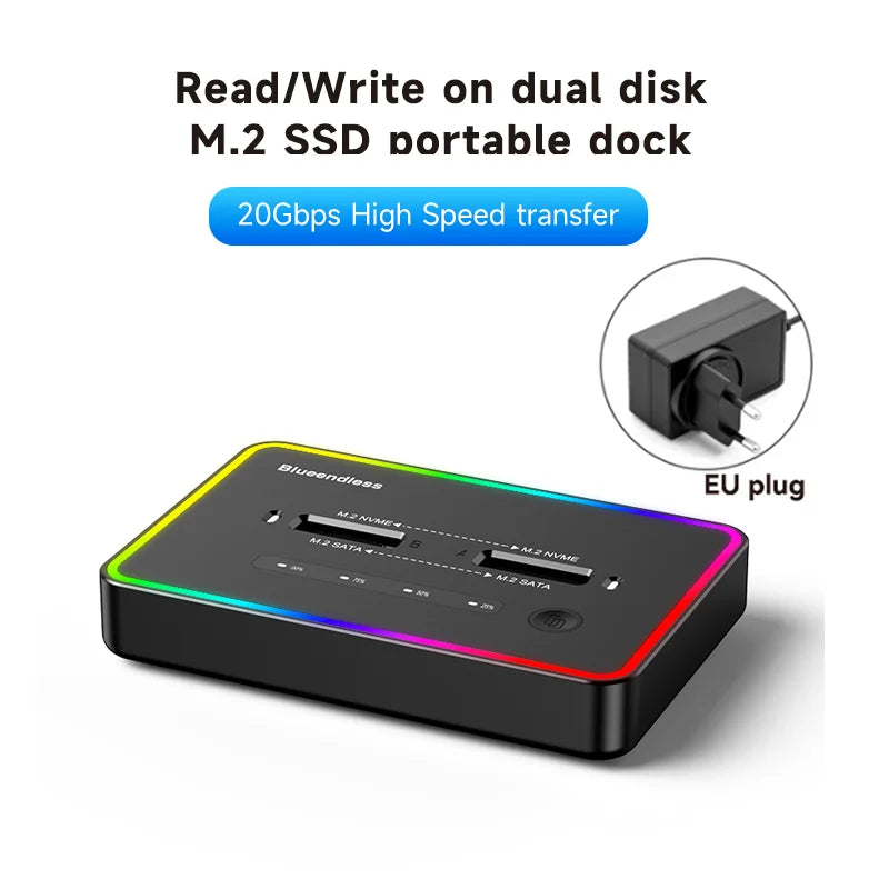 Blueendless M.2 SSD Dual Protocol Docking Station – 2-Bay PCIe NVMe Enclosure with Type-C, 10Gbps, RGB Light