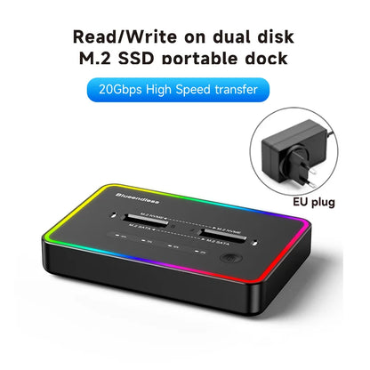 Blueendless M.2 SSD Dual Protocol Docking Station – 2-Bay PCIe NVMe Enclosure with Type-C, 10Gbps, RGB Light