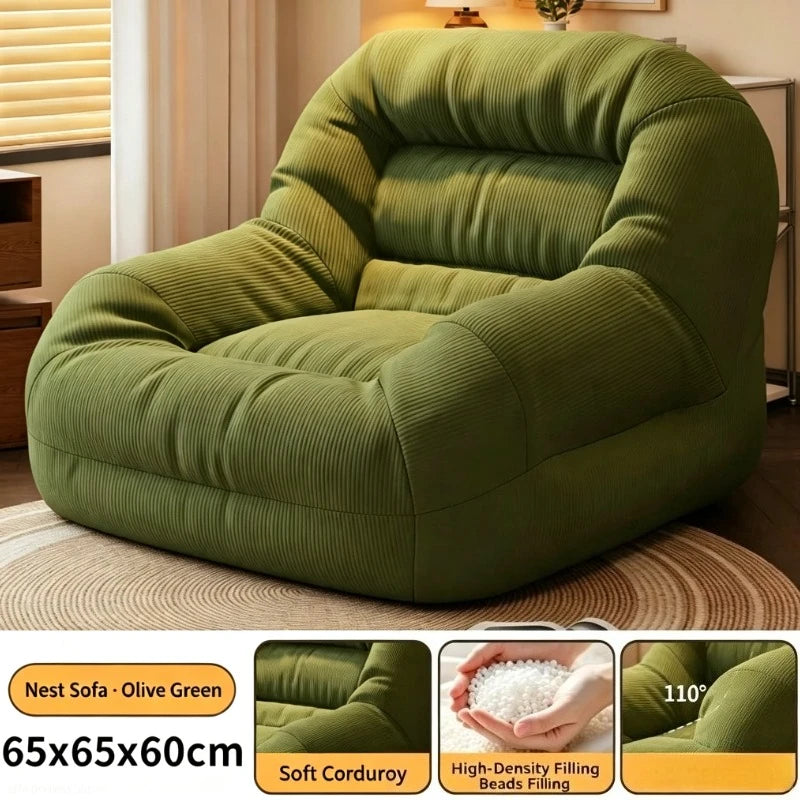 Olive Green Corduroy Bean Bag Sofa - High-Density Filling for Bedroom & Living Room Relaxation