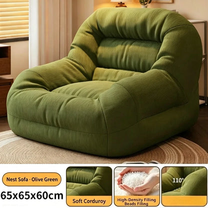 Olive Green Corduroy Bean Bag Sofa - High-Density Filling for Bedroom & Living Room Relaxation