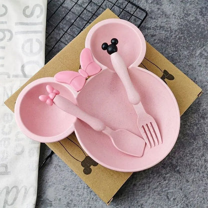 3Pcs/set Cartoon Baby Tableware Set: Wheat Straw Children's Dishes with Bowknot Food Plate, Spoon, Fork - Kids Dinner Feeding Plate
