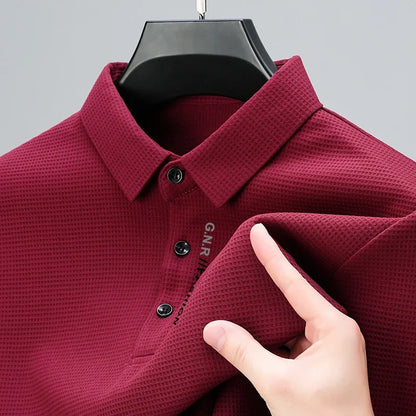Men's Waffle Long Sleeve Polo Shirt - Letter Print Casual Lapel Top