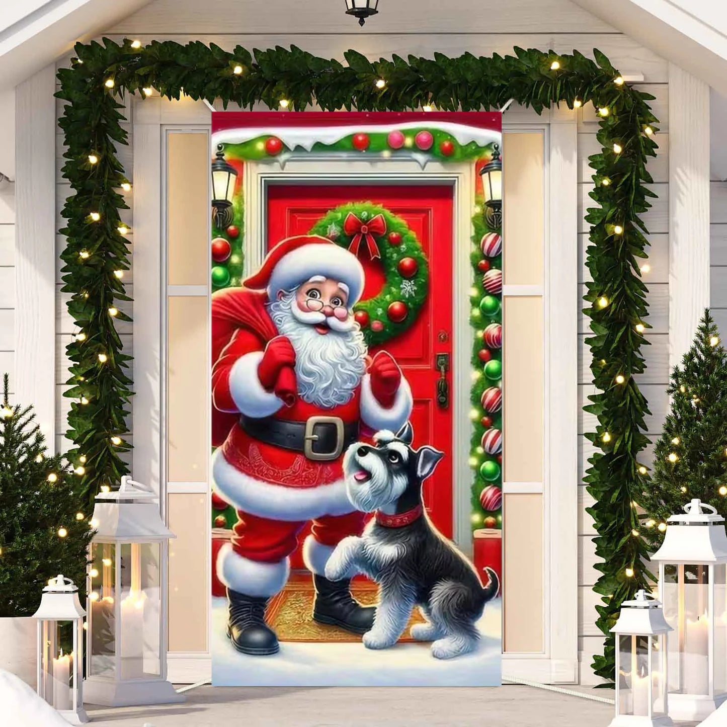 Cute Animals Christmas & New Year Door Cover – Dog, Cat, Snowman, Gingerbread Man Holiday Outdoor Winter Decoration Gift