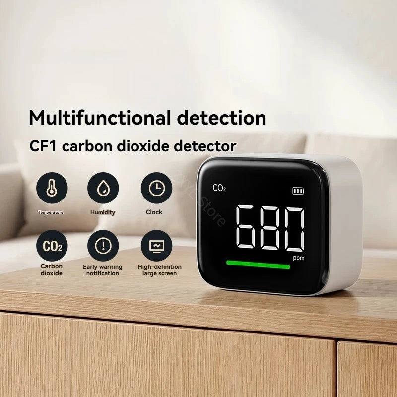 DUKA CF1 CO2 Detector - High-Accuracy Air Quality Monitor with Temperature, Humidity, Clock & Rechargeable Battery