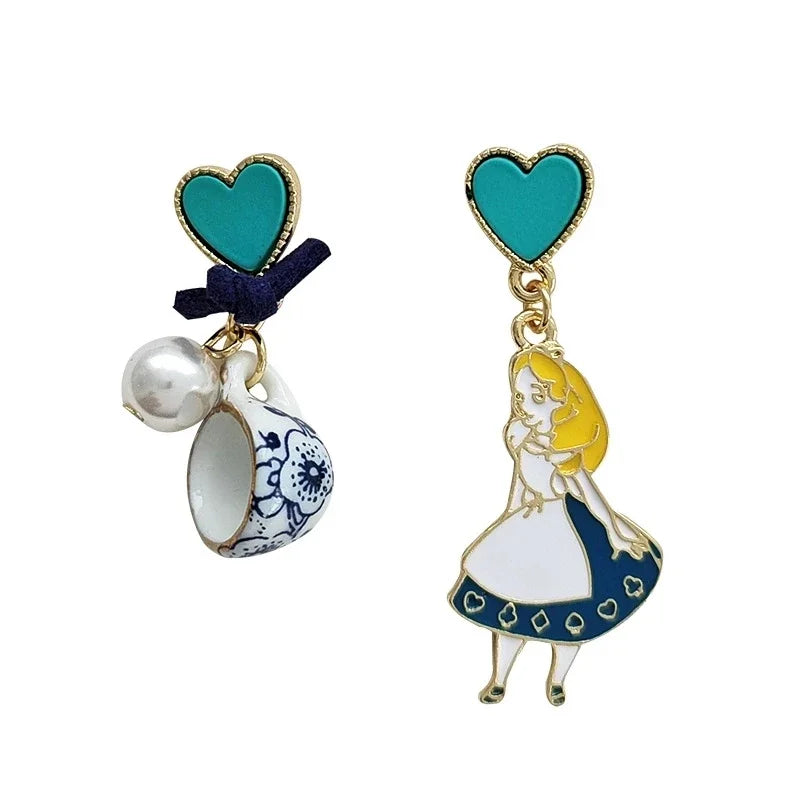 Fairy Tale Princess Alice Asymmetrical Earrings - Blue Heart Enamel Dangle Earrings with Imitation Pearls