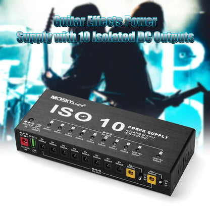 MOSKY ISO 10 Guitar Effect Pedal Power Supply – 10 Isolated DC Outputs, 5V USB Output, 9V 12V 18V Protection for Guitar Accessories