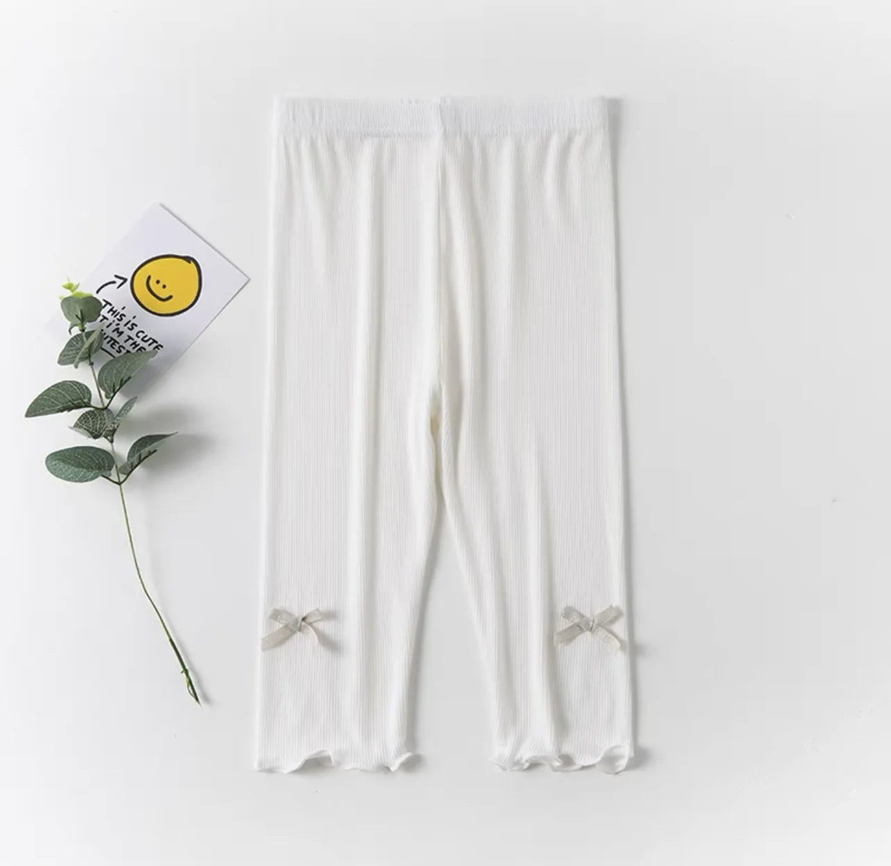 Girls Summer Bow Leggings - Solid Color Elastic Waist 7/8 Length Breathable Kids Pants 3-10Y