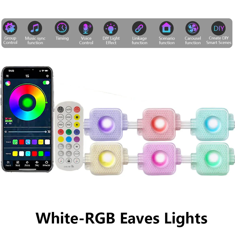 Black RGB Eaves LED Light Strip – Outdoor Bluetooth APP-Controlled Lights with Scene Modes for House, Party & Wedding