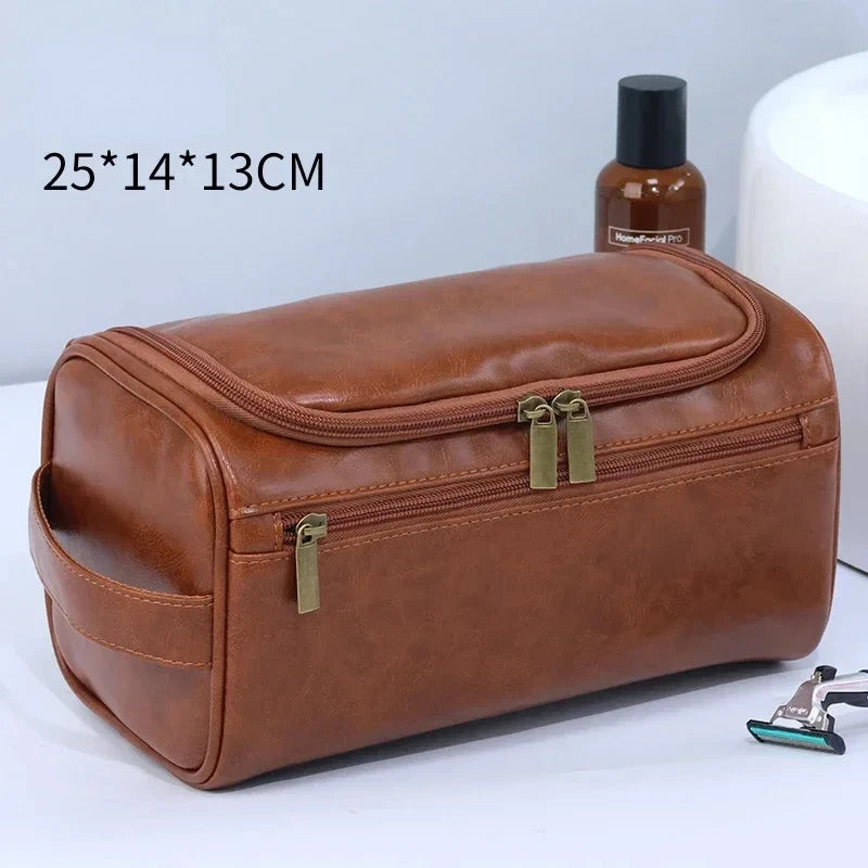 Men’s PU Leather Vintage Luxury Toiletry Bag – Travel Hanging Cosmetic Makeup Organizer Case, Business Wash Bag Storage Pouch