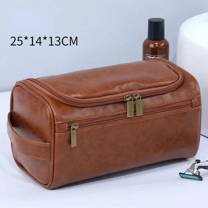 Men’s PU Leather Vintage Luxury Toiletry Bag – Travel Hanging Cosmetic Makeup Organizer Case, Business Wash Bag Storage Pouch