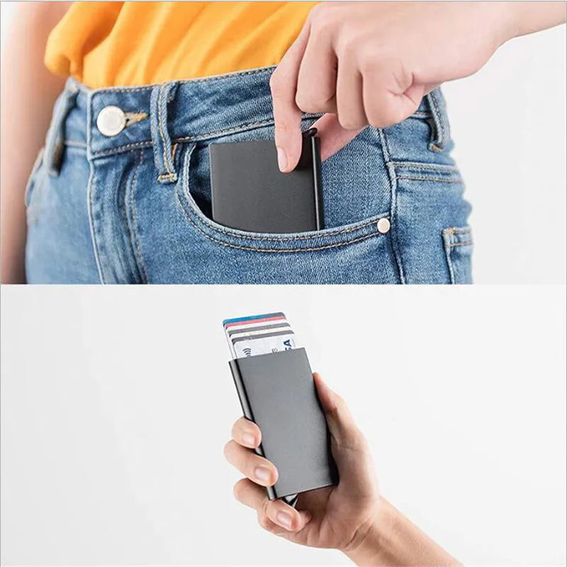 RFID Smart Wallet Card Holder: Metal Slim Pop-Up Minimalist Wallet for Men & Women - Small Black Purse Vallet for Secure and Stylish Carry