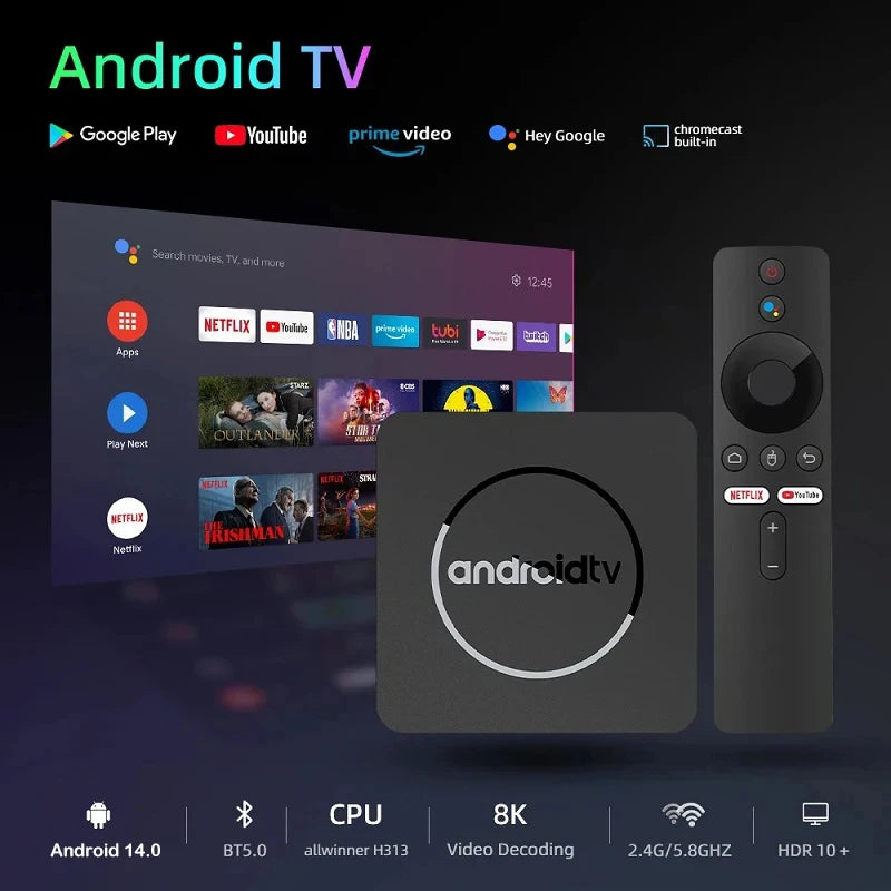 Q10 Android 14 TV Box – Allwinner H313 8K Media Player with 64GB/128GB ROM, Dual WiFi 2.4G&5G, Voice Control Set-Top Box