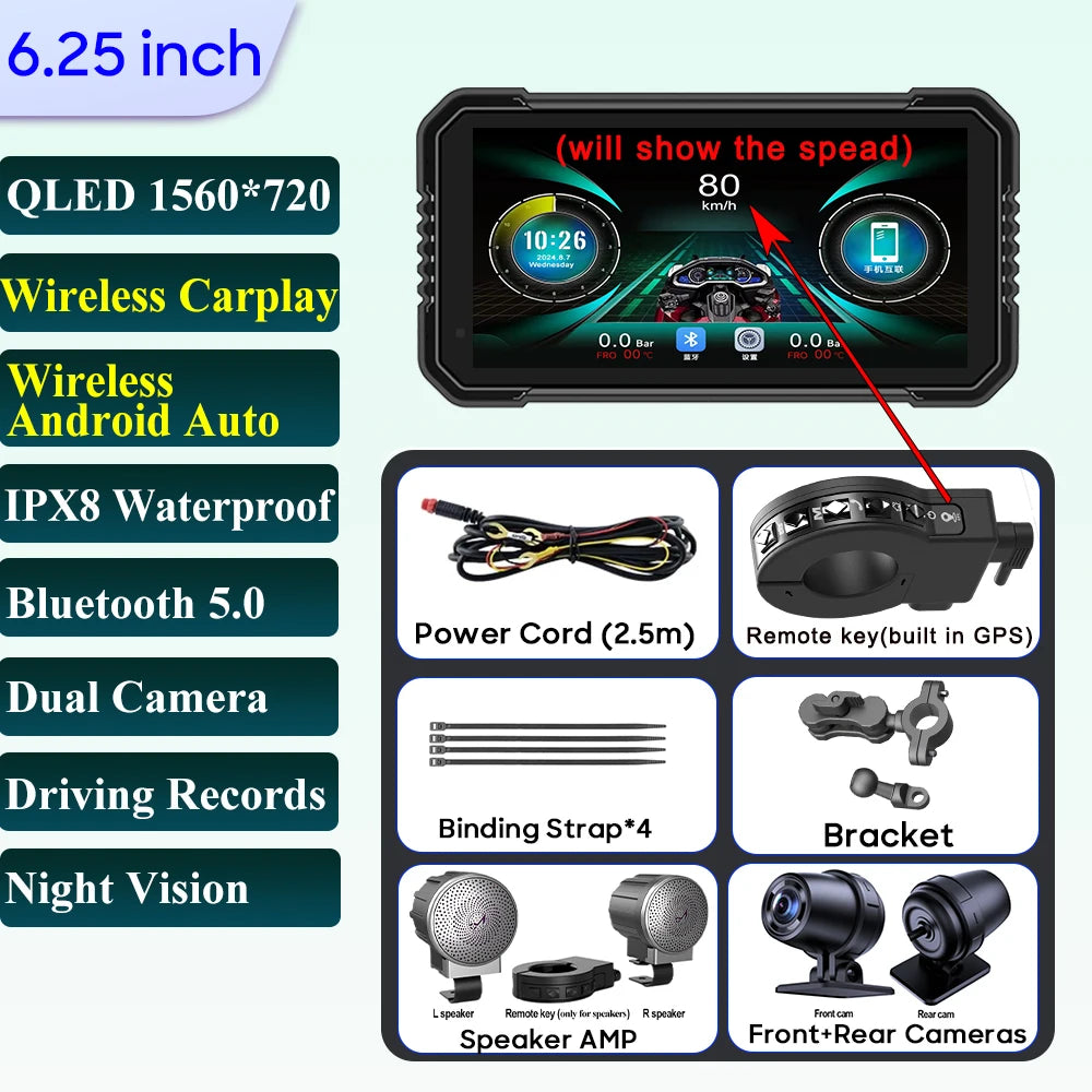 6.25-Inch Motorcycle GPS Navigation Screen with Wireless CarPlay & Android Auto – 1560x720 Resolution, Motor DVR Monitor, TPMS Optional