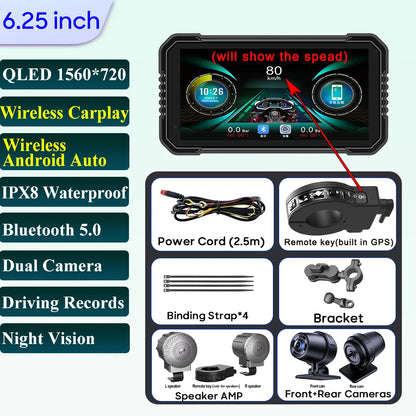 6.25-Inch Motorcycle GPS Navigation Screen with Wireless CarPlay & Android Auto – 1560x720 Resolution, Motor DVR Monitor, TPMS Optional