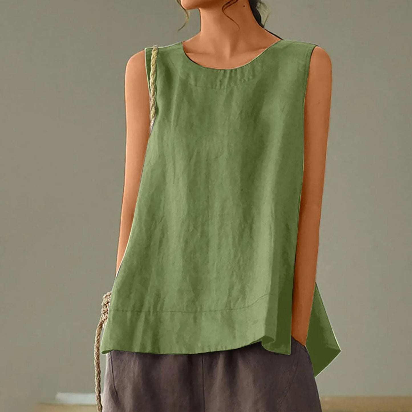 Women’s Summer Oversized Linen Vest Top - Retro Solid Color Sleeveless Round Neck Casual Breathable Shirt