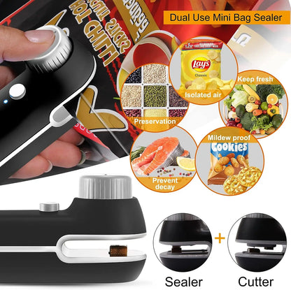 2-in-1 Mini Heat Sealer: Rechargeable Bag and Snack Sealer Clip - Handheld USB Plastic Package Sealer