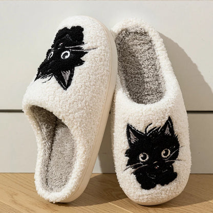 Women’s Cartoon Black Cat Slippers - Winter Indoor Bedroom Shoes with Soft Anti-Slip Comfort Sole