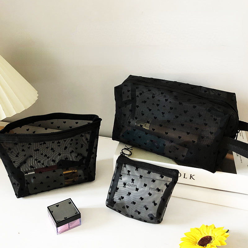 Transparent Mesh Zipper Cosmetic Bag – Fashionable Black Toiletry Organizer, Small & Large Makeup Pouch for Women