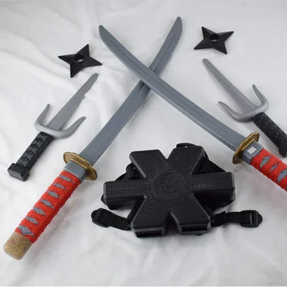 New 56cm Halloween Samurai Ninja Knife Set – 7-Piece Retro Plastic Daggers, Deadpool Cosplay Double Sword Props for Costumes and Toys