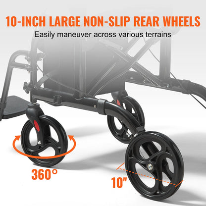 VEVOR 2-in-1 Rollator Walker & Transport Chair – Folding Aluminum Mobility Walker and Wheelchair Combo for Seniors
