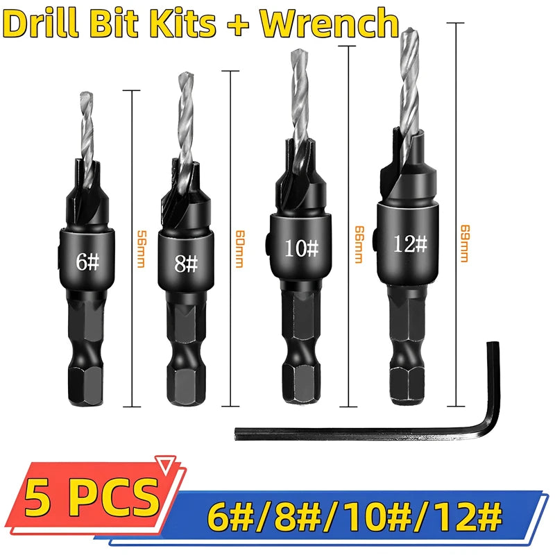 5pcs Countersink Drill Bit Set – Woodworking Pilot Hole Drills for Screw Sizes #5, #6, #8, #10, #12