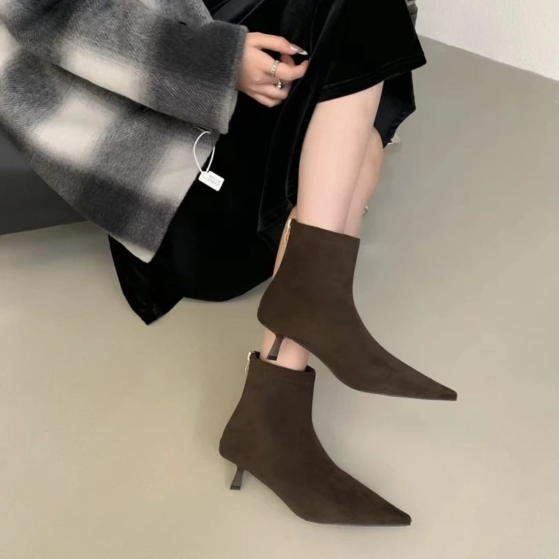 SUOJIALUN 2024 Winter New Women’s Short Boots – Fashion Pointed Toe, Elegant Ankle Boots with Thin High Heel Dress Pumps