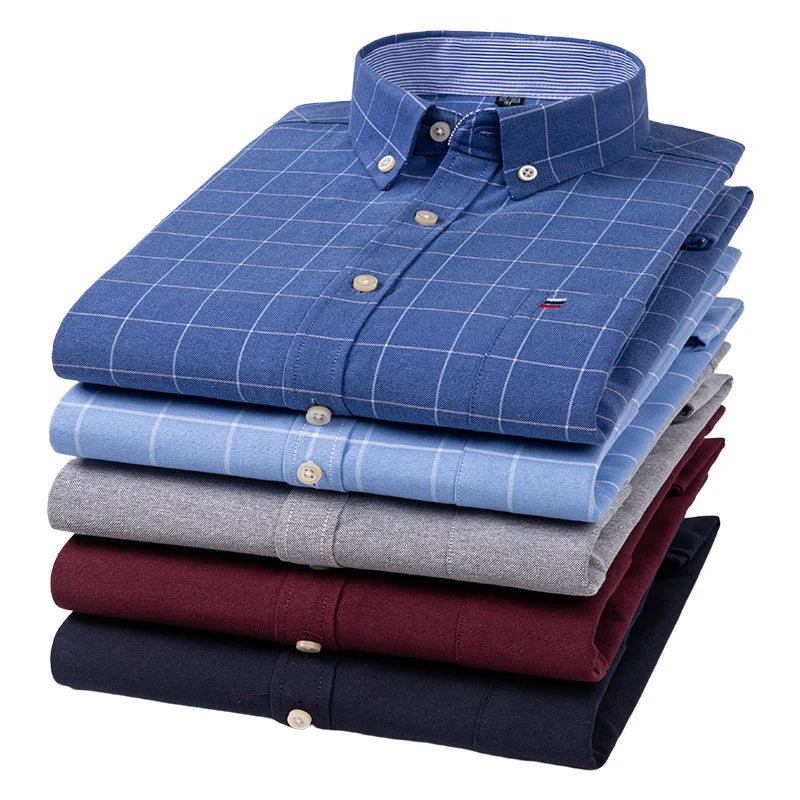 Men's 100% Cotton Oxford Plaid Shirt - Soft Regular Fit Long Sleeve Formal Dress Shirt with Pocket S-7XL