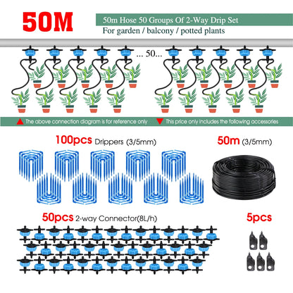 MUCIAKIE 4/2-Way Drip Irrigation System Kit – 100–10M 8L Watering Dripper Sprinkler for Potted Plants & Garden Use