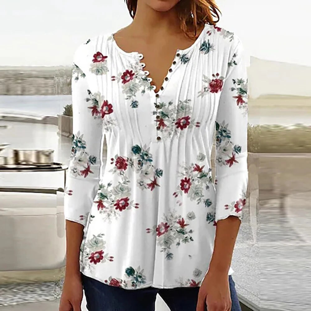 2024 Trendy 3D Printed Women’s Blouse Shirt – V Neck Button-Up 3/4 Sleeve Elegant Spring Summer Fashion Top
