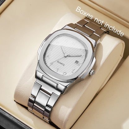 Luxury Men’s Business Watch - Square Dial Stainless Steel Quartz Watch with Calendar