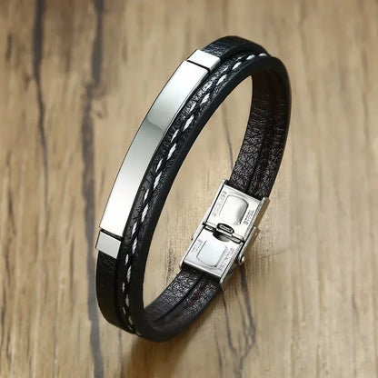 Delysia King 2021 Trendy Men's Leather Weave Bracelet - Leisure Color Contrast Stainless Steel Bangle