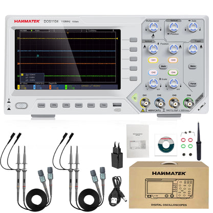 Hanmatek Digital Oscilloscope – 2/4 Channel 110MHz Bandwidth, 1GS/s Sampling Rate, 7'' TFT Display, Desktop Storage Scope