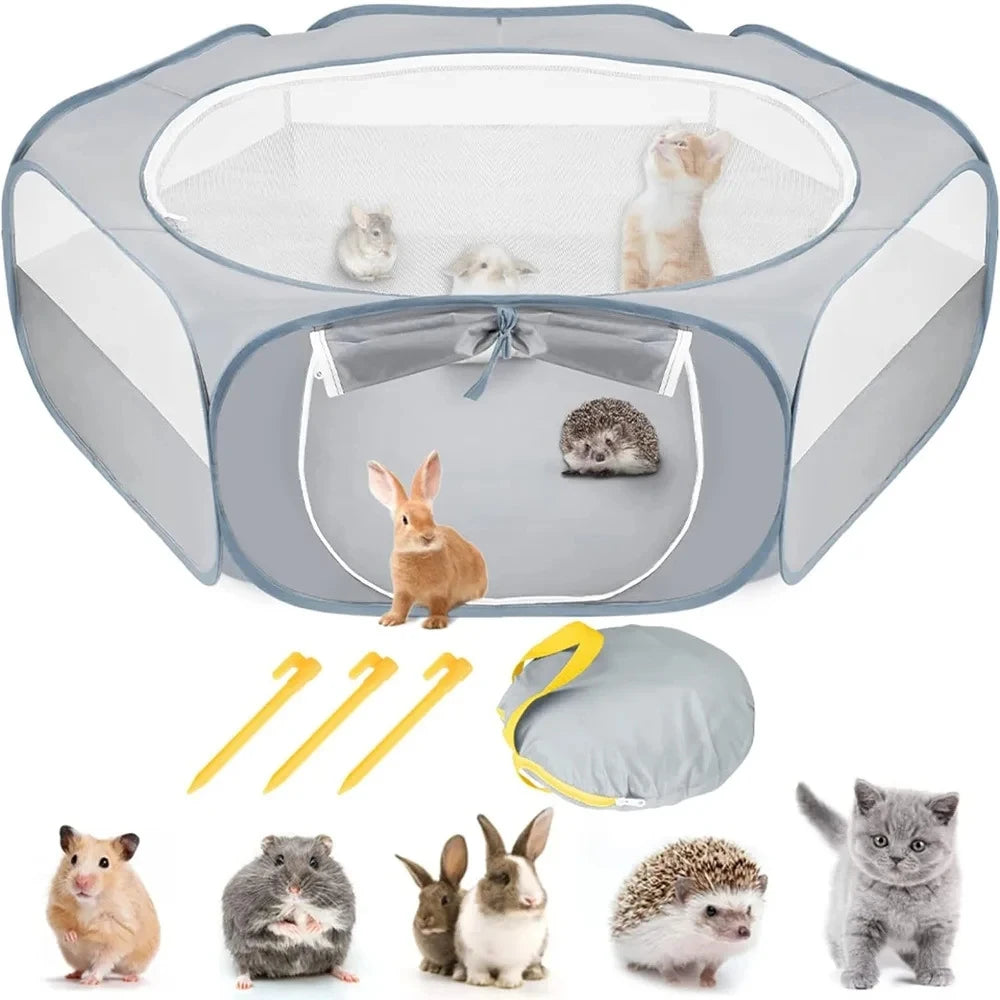 Portable Small Animal Playpen - Foldable Pet Cage with Transparent Mesh for Cats & Chickens