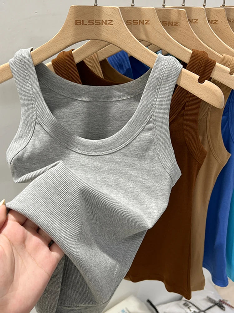 Women’s Ribbed Tank Top Camisole – Solid Color Round Neck Elastic O-Neck Basic Summer Sleeveless Top