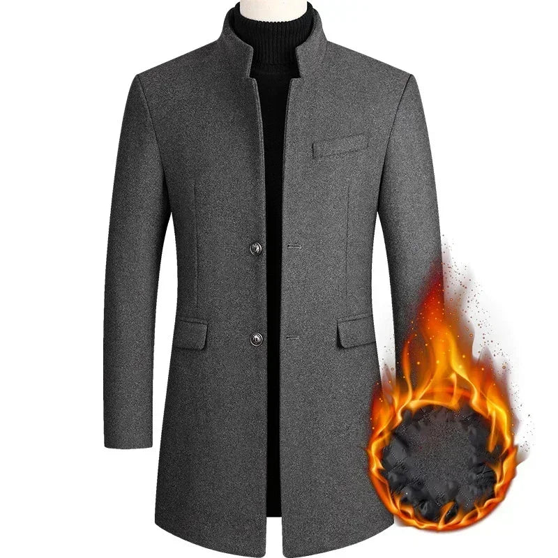 BROWON Men's Wool Trench Coat - Solid Color Business Casual Winter Coat for Autumn & Winter