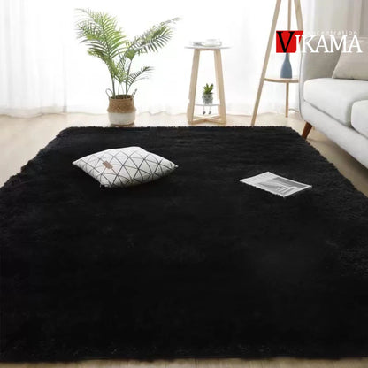 VIKAMA Black Plush Shag Area Rug – Soft Fluffy Furry Carpet for Bedroom, Living Room & Bedside