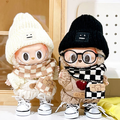 17cm Labubu V1/V2 Doll Outfit – Color Match Hoodie & Plaid Overalls Set | Fashion Doll Clothes & Accessories