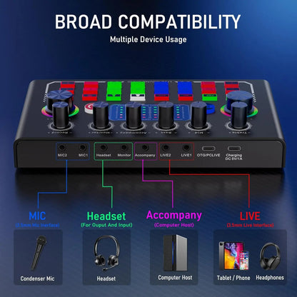 F009 Live Sound Card Mixer - Bluetooth DJ Audio Interface with Microphone Kit for Smartphone Live Streaming & Recording