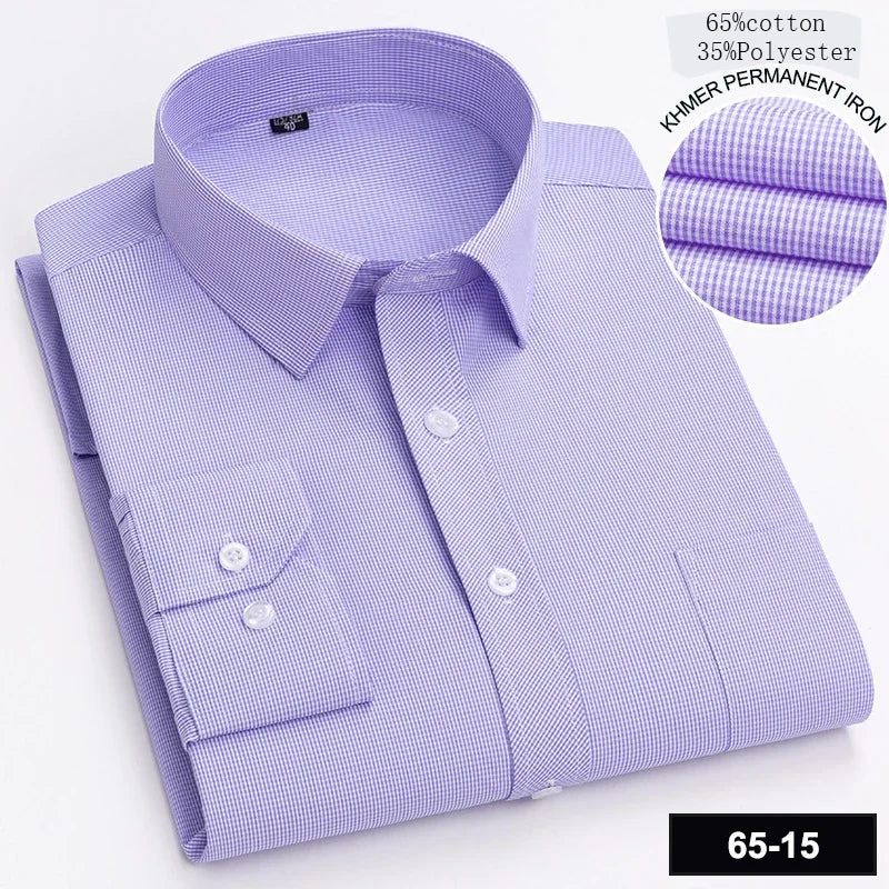 Men’s Slim Fit Long Sleeve Shirt - Formal Plaid Cotton Office Shirt with Single Pocket