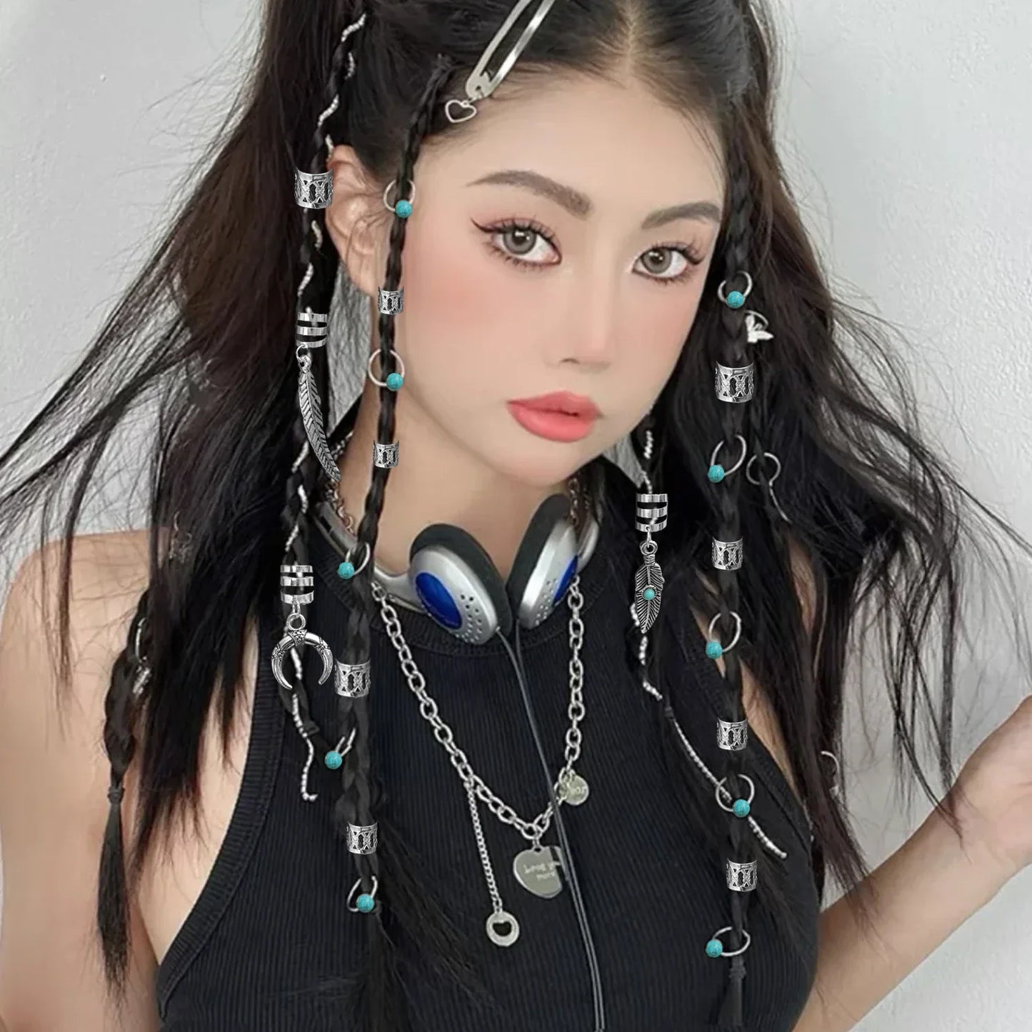 31PCS Turquoise Hollow-Out Hair Rings — Dreadlock & Braid Beads, Hair Braid Tubes Charm Jewelry for Styling