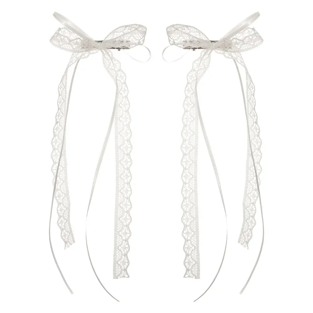 2pcs Korean Fashion Lace Bow Hairpins – White Ribbon Hair Clips for Women & Girls, Top Clip, Female Hair Accessories & Gifts