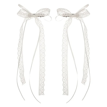 2pcs Korean Fashion Lace Bow Hairpins – White Ribbon Hair Clips for Women & Girls, Top Clip, Female Hair Accessories & Gifts