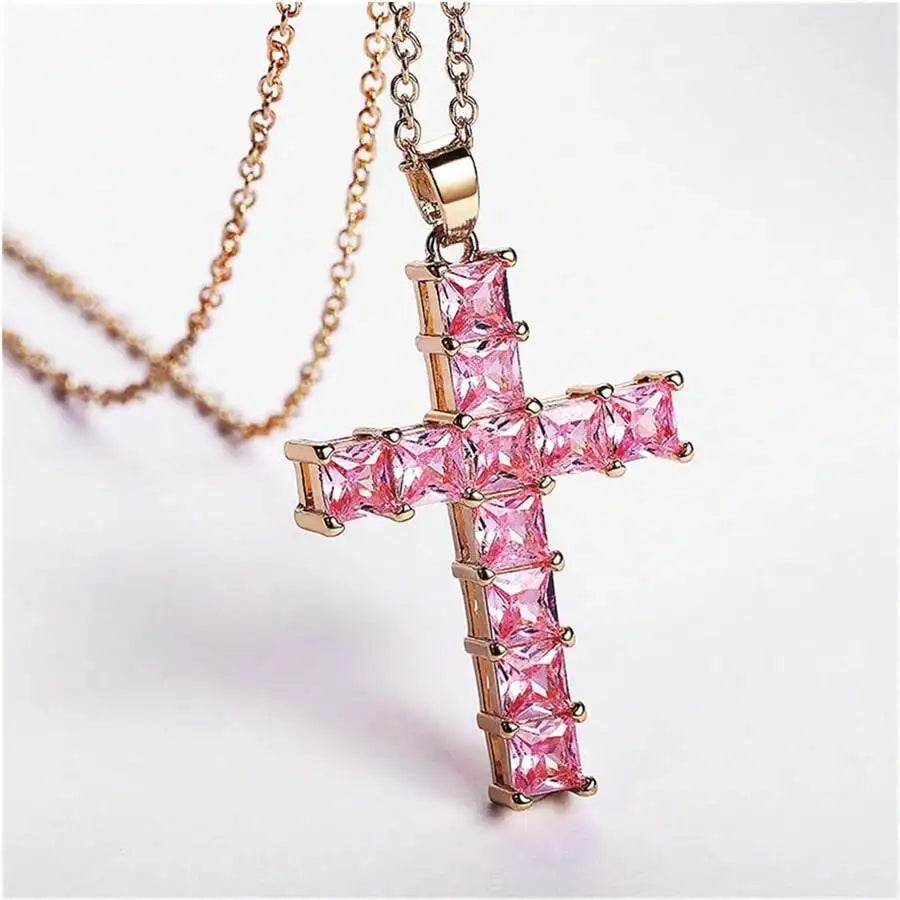 Fashion Gold Necklace for Women – Multi-Color Crystal Jesus Cross Pendant, Party & Leisure Jewelry